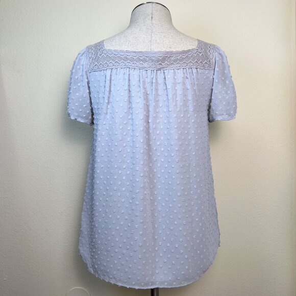 J. CREW Gray Swiss Dot Lace Trim Sheer Top Short Sleeve Blouse Size 0 - Picture 5 of 8